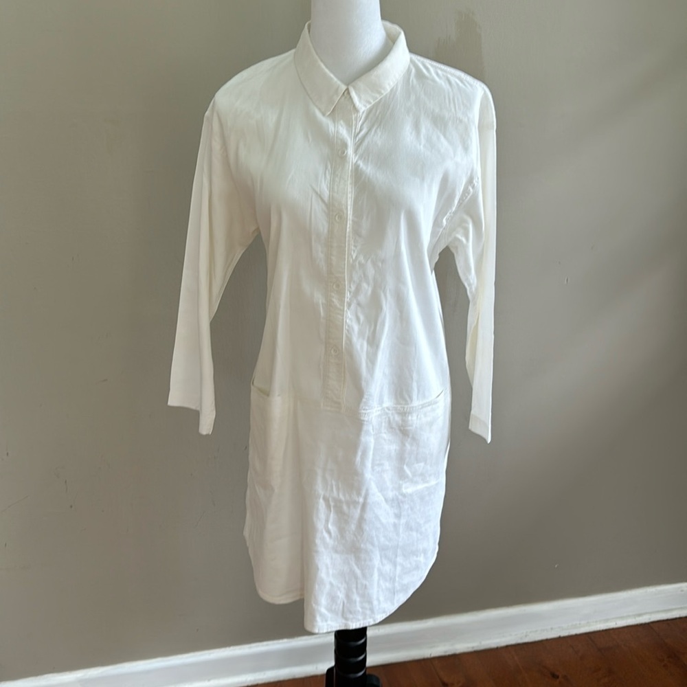 Eileen Fisher Collar White Shirt Button‎ Down Dress Pockets Organic Linen Size M